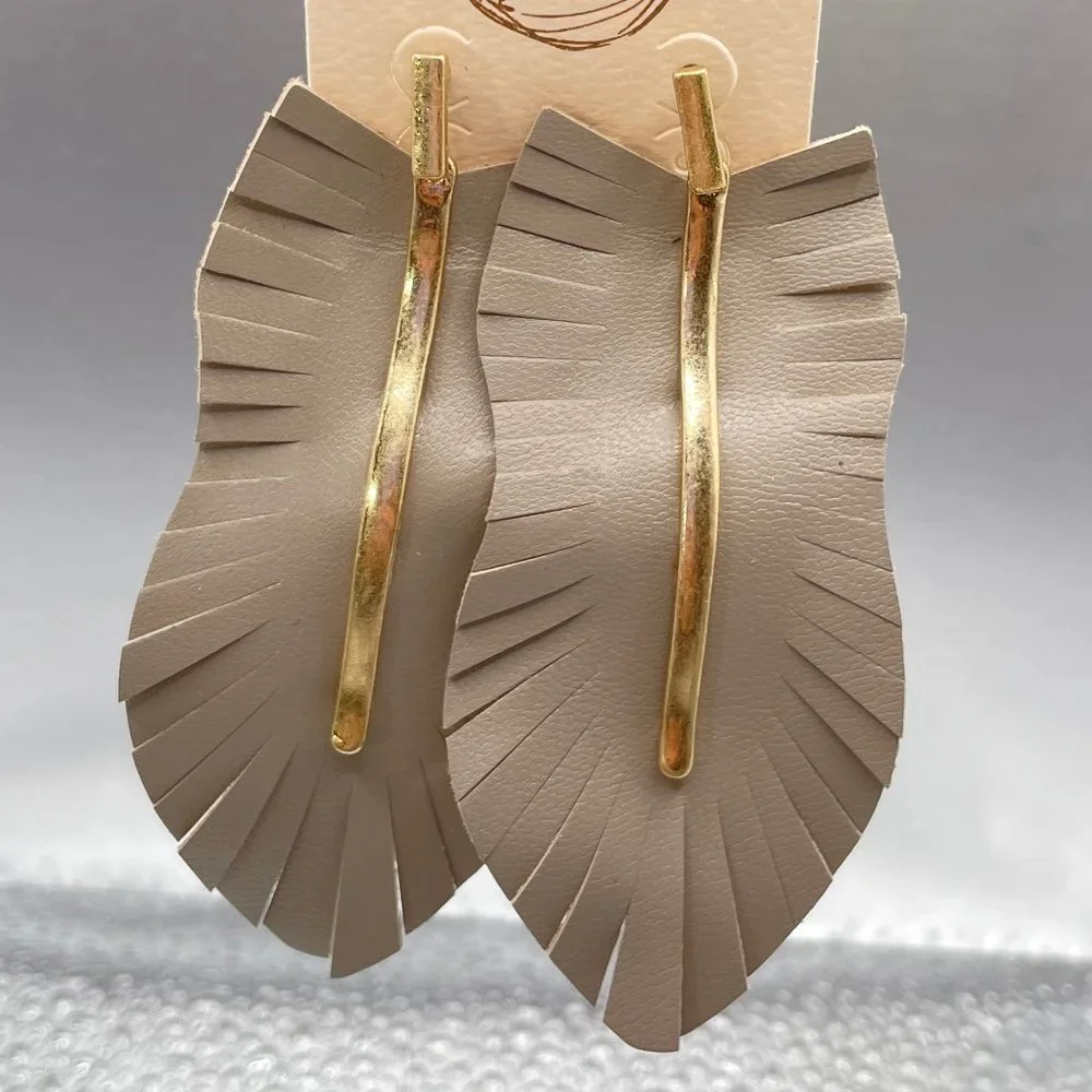 New! Leather Leaf Fringe Drop Earrings in Taupe - Picture 1 of 4